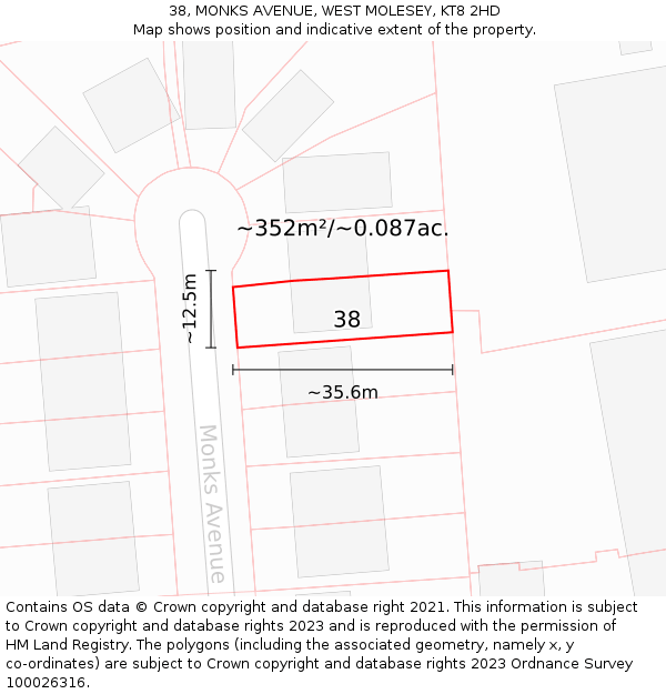 38, MONKS AVENUE, WEST MOLESEY, KT8 2HD: Plot and title map