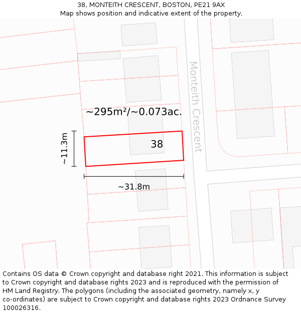 38, MONTEITH CRESCENT, BOSTON, PE21 9AX: Plot and title map