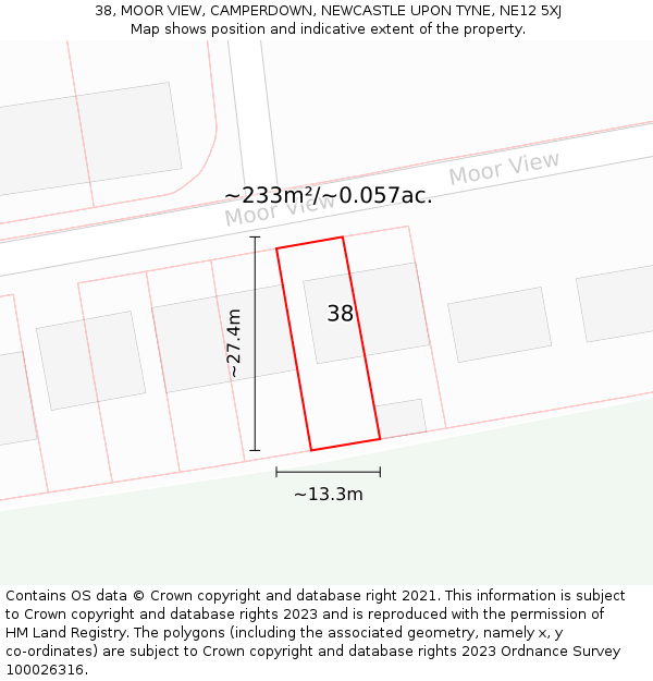 38, MOOR VIEW, CAMPERDOWN, NEWCASTLE UPON TYNE, NE12 5XJ: Plot and title map