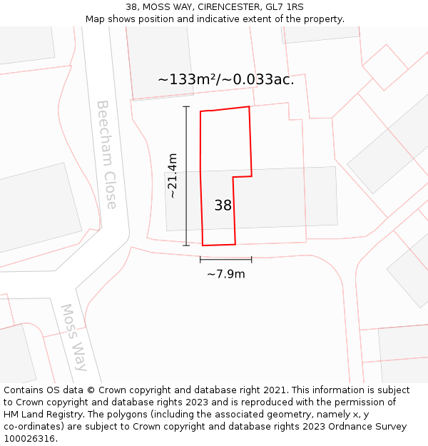 38, MOSS WAY, CIRENCESTER, GL7 1RS: Plot and title map