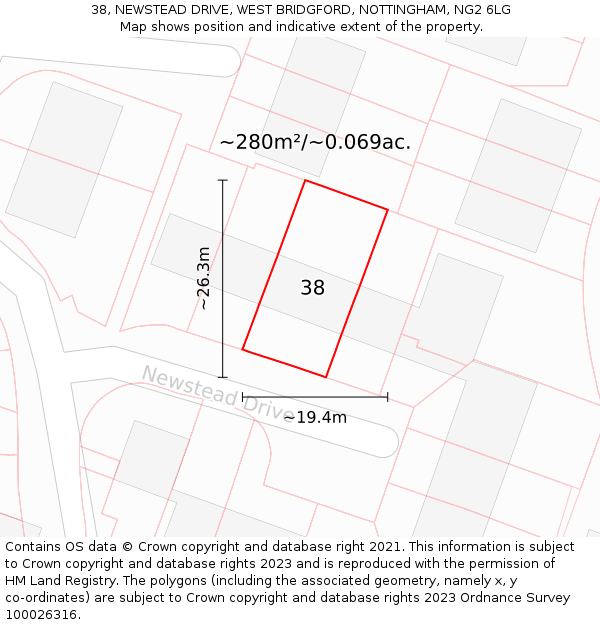 38, NEWSTEAD DRIVE, WEST BRIDGFORD, NOTTINGHAM, NG2 6LG: Plot and title map