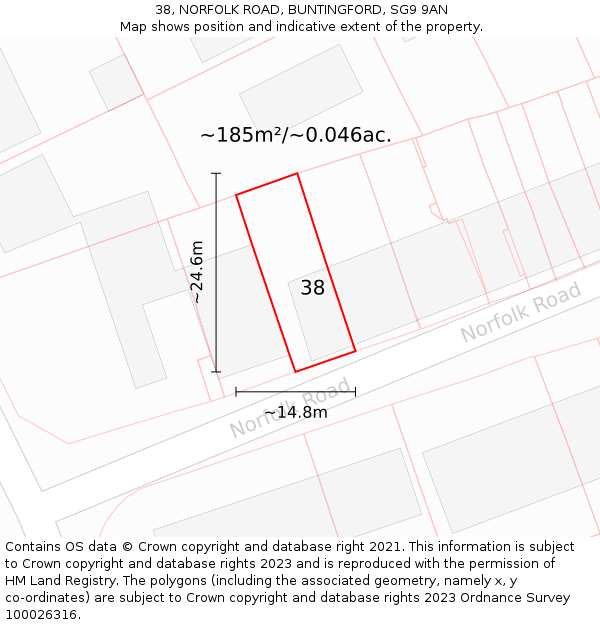 38, NORFOLK ROAD, BUNTINGFORD, SG9 9AN: Plot and title map