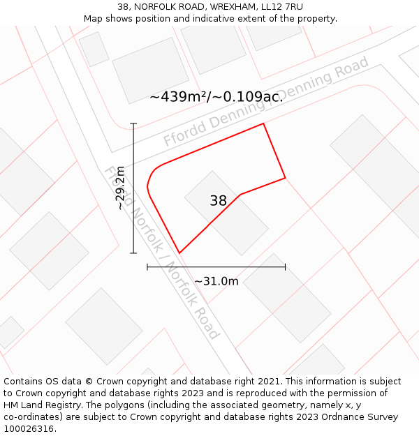 38, NORFOLK ROAD, WREXHAM, LL12 7RU: Plot and title map