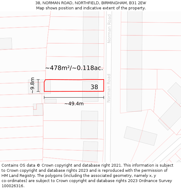 38, NORMAN ROAD, NORTHFIELD, BIRMINGHAM, B31 2EW: Plot and title map