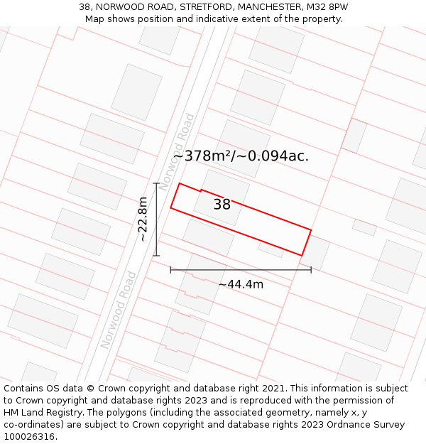 38, NORWOOD ROAD, STRETFORD, MANCHESTER, M32 8PW: Plot and title map