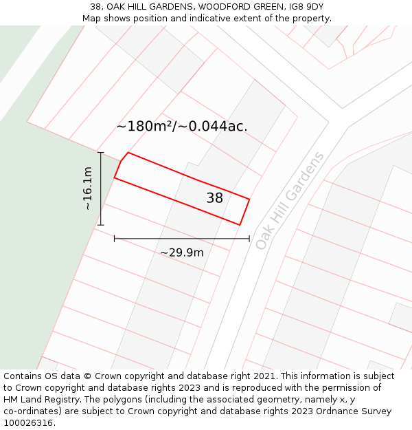 38, OAK HILL GARDENS, WOODFORD GREEN, IG8 9DY: Plot and title map