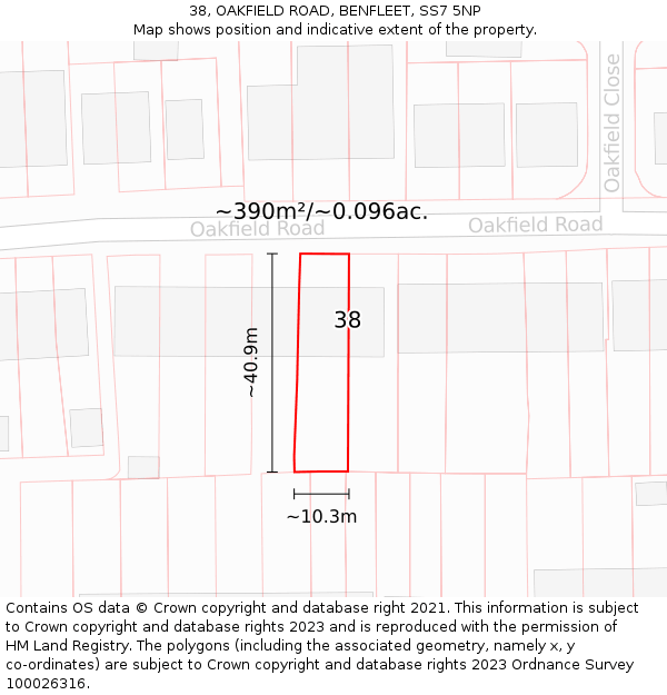 38, OAKFIELD ROAD, BENFLEET, SS7 5NP: Plot and title map