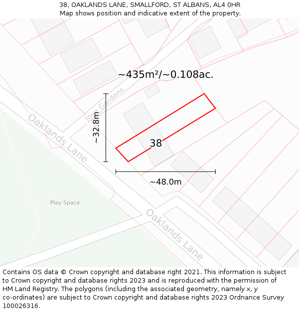 38, OAKLANDS LANE, SMALLFORD, ST ALBANS, AL4 0HR: Plot and title map