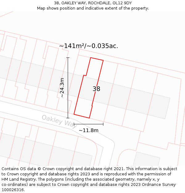 38, OAKLEY WAY, ROCHDALE, OL12 9DY: Plot and title map