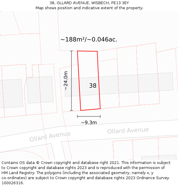 38, OLLARD AVENUE, WISBECH, PE13 3EY: Plot and title map