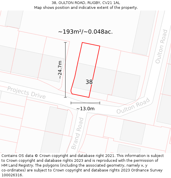 38, OULTON ROAD, RUGBY, CV21 1AL: Plot and title map