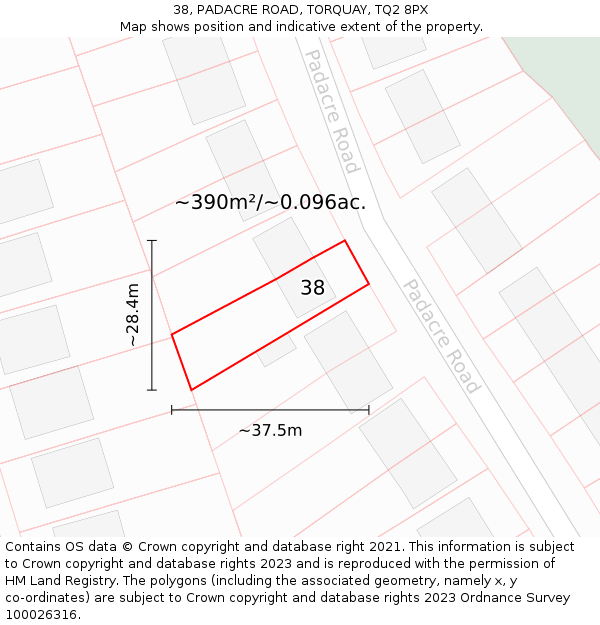 38, PADACRE ROAD, TORQUAY, TQ2 8PX: Plot and title map