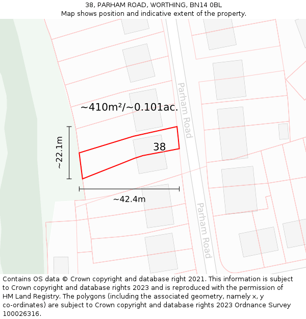 38, PARHAM ROAD, WORTHING, BN14 0BL: Plot and title map