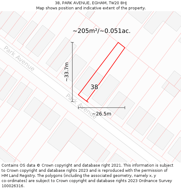 38, PARK AVENUE, EGHAM, TW20 8HJ: Plot and title map