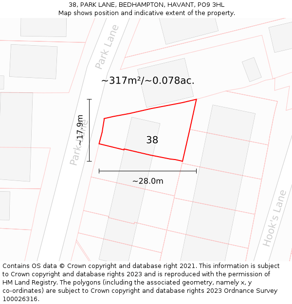 38, PARK LANE, BEDHAMPTON, HAVANT, PO9 3HL: Plot and title map