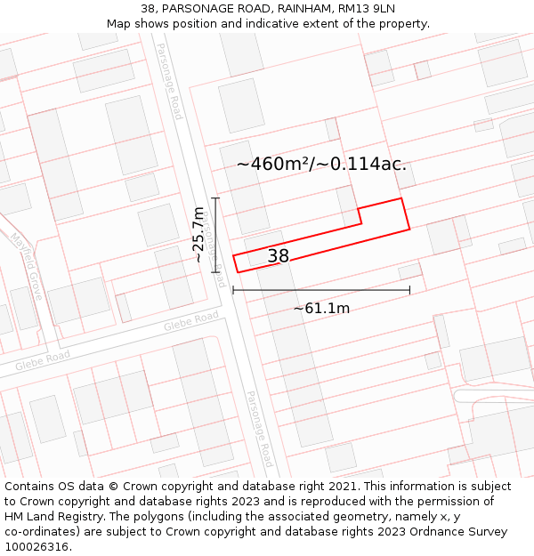 38, PARSONAGE ROAD, RAINHAM, RM13 9LN: Plot and title map