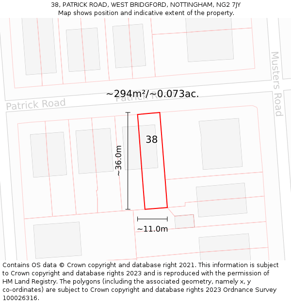 38, PATRICK ROAD, WEST BRIDGFORD, NOTTINGHAM, NG2 7JY: Plot and title map