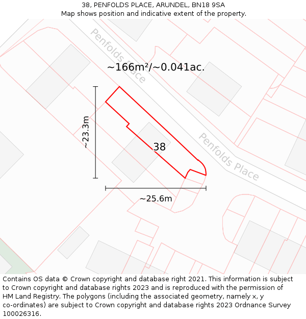 38, PENFOLDS PLACE, ARUNDEL, BN18 9SA: Plot and title map