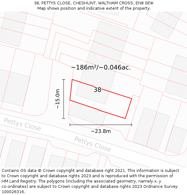 38, PETTYS CLOSE, CHESHUNT, WALTHAM CROSS, EN8 0EW: Plot and title map