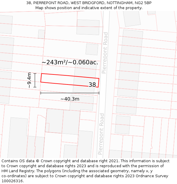 38, PIERREPONT ROAD, WEST BRIDGFORD, NOTTINGHAM, NG2 5BP: Plot and title map