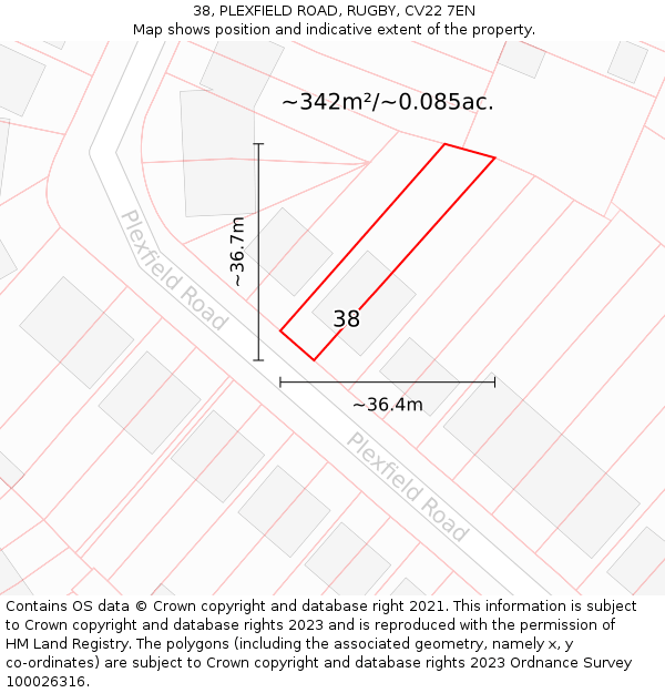 38, PLEXFIELD ROAD, RUGBY, CV22 7EN: Plot and title map