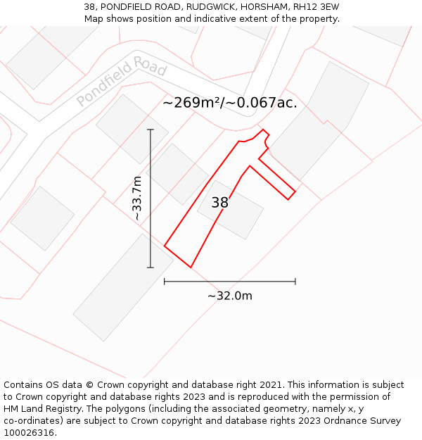 38, PONDFIELD ROAD, RUDGWICK, HORSHAM, RH12 3EW: Plot and title map