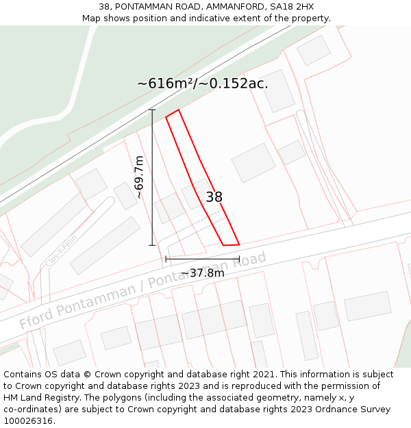 38, PONTAMMAN ROAD, AMMANFORD, SA18 2HX: Plot and title map