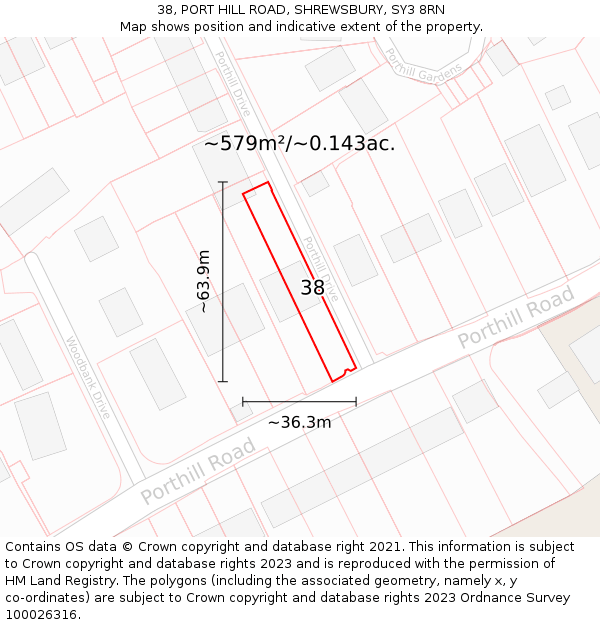 38, PORT HILL ROAD, SHREWSBURY, SY3 8RN: Plot and title map