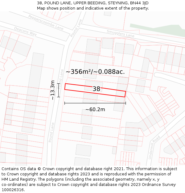 38, POUND LANE, UPPER BEEDING, STEYNING, BN44 3JD: Plot and title map