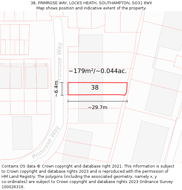 38, PRIMROSE WAY, LOCKS HEATH, SOUTHAMPTON, SO31 6WX: Plot and title map