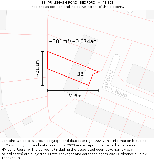 38, PRINKNASH ROAD, BEDFORD, MK41 8DJ: Plot and title map