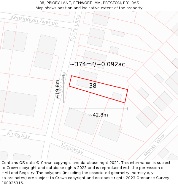 38, PRIORY LANE, PENWORTHAM, PRESTON, PR1 0AS: Plot and title map