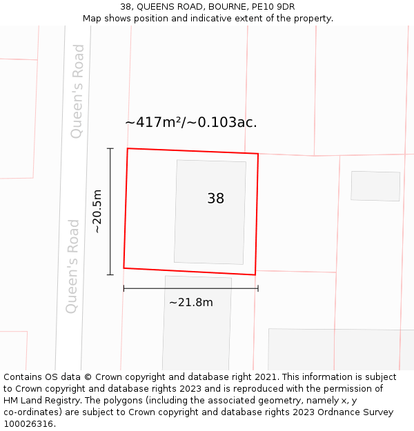 38, QUEENS ROAD, BOURNE, PE10 9DR: Plot and title map