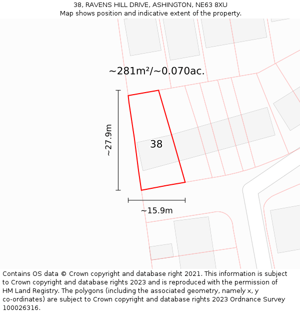 38, RAVENS HILL DRIVE, ASHINGTON, NE63 8XU: Plot and title map