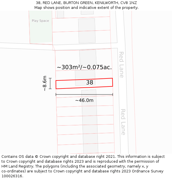 38, RED LANE, BURTON GREEN, KENILWORTH, CV8 1NZ: Plot and title map