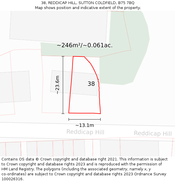 38, REDDICAP HILL, SUTTON COLDFIELD, B75 7BQ: Plot and title map