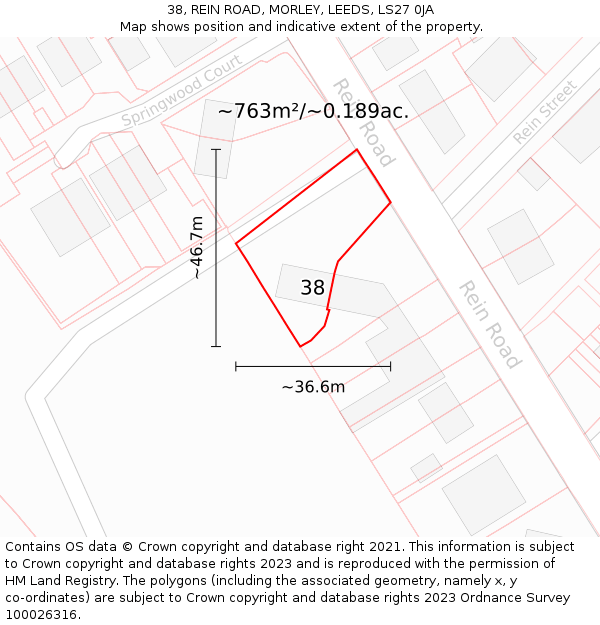 38, REIN ROAD, MORLEY, LEEDS, LS27 0JA: Plot and title map