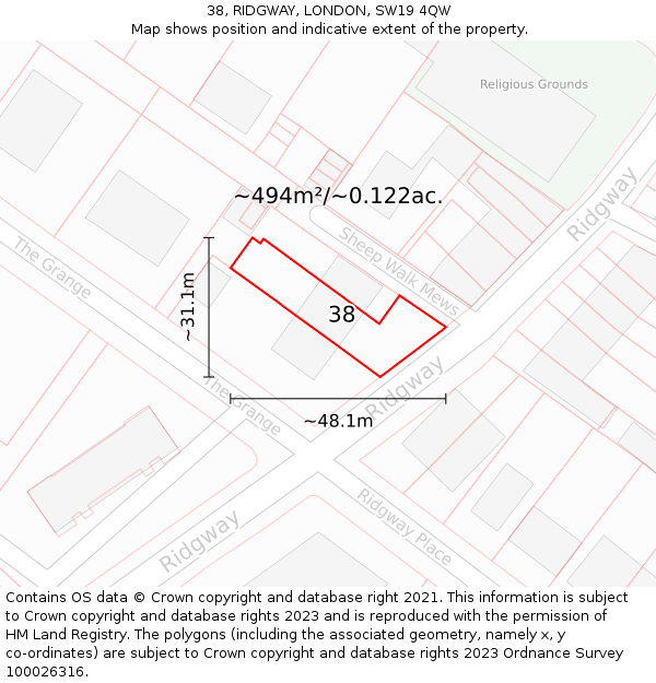 38, RIDGWAY, LONDON, SW19 4QW: Plot and title map