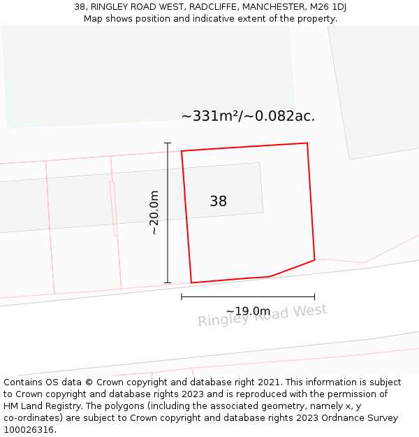 38, RINGLEY ROAD WEST, RADCLIFFE, MANCHESTER, M26 1DJ: Plot and title map