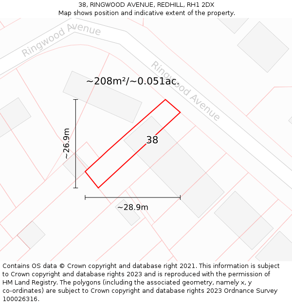 38, RINGWOOD AVENUE, REDHILL, RH1 2DX: Plot and title map