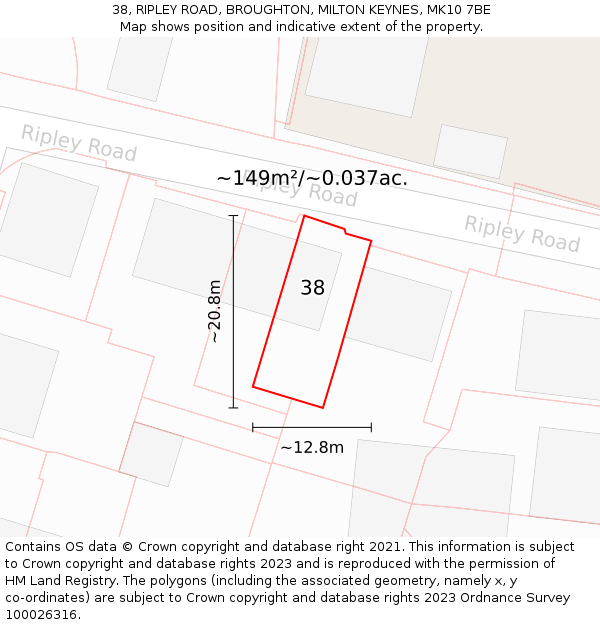 38, RIPLEY ROAD, BROUGHTON, MILTON KEYNES, MK10 7BE: Plot and title map