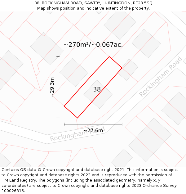 38, ROCKINGHAM ROAD, SAWTRY, HUNTINGDON, PE28 5SQ: Plot and title map