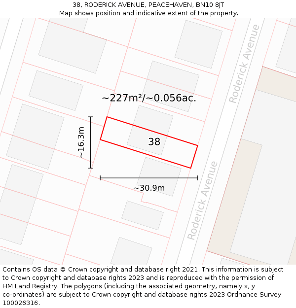 38, RODERICK AVENUE, PEACEHAVEN, BN10 8JT: Plot and title map