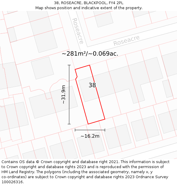 38, ROSEACRE, BLACKPOOL, FY4 2PL: Plot and title map