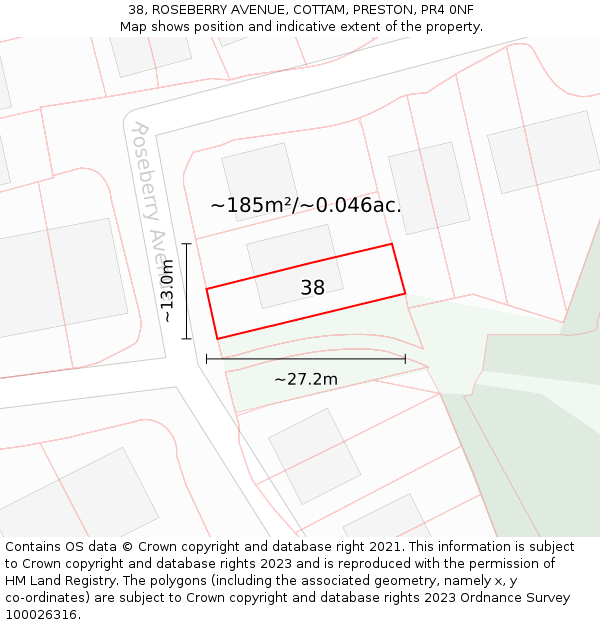 38, ROSEBERRY AVENUE, COTTAM, PRESTON, PR4 0NF: Plot and title map