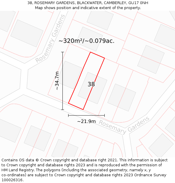 38, ROSEMARY GARDENS, BLACKWATER, CAMBERLEY, GU17 0NH: Plot and title map