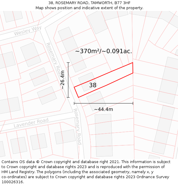 38, ROSEMARY ROAD, TAMWORTH, B77 3HF: Plot and title map