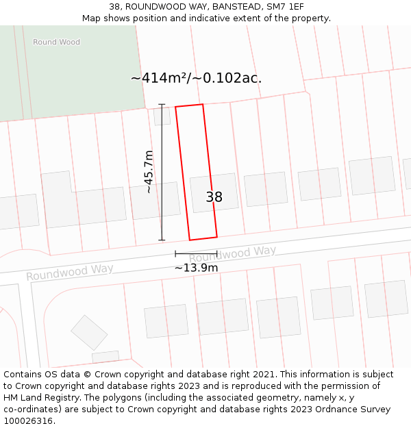 38, ROUNDWOOD WAY, BANSTEAD, SM7 1EF: Plot and title map