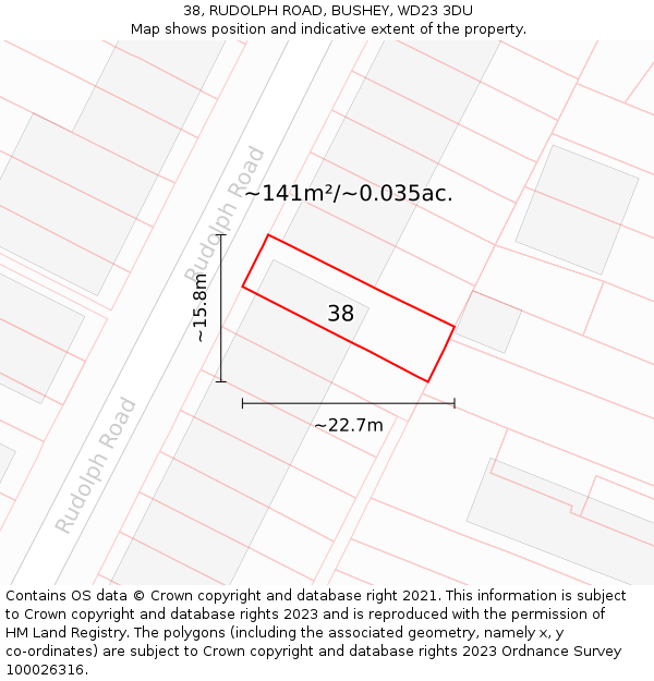 38, RUDOLPH ROAD, BUSHEY, WD23 3DU: Plot and title map