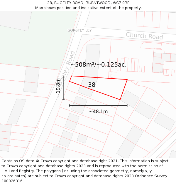 38, RUGELEY ROAD, BURNTWOOD, WS7 9BE: Plot and title map